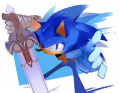 Size: 2048x1570 | Tagged: safe, artist:legochet, sonic the hedgehog, sonic and the black knight, 2025, abstract background, holding something, looking at viewer, no mouth, redraw, solo, standing, sword