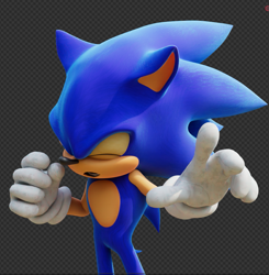 Size: 805x822 | Tagged: safe, artist:cyb3d128, sonic the hedgehog, 3d, checkered background, eyes closed, mouth open, solo, standing