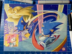 Size: 2048x1536 | Tagged: safe, artist:actionhankbeard, amy rose, metal sonic, robotnik, sonic the hedgehog, sonic cd, 2025, abstract background, black sclera, classic amy, classic sonic, looking at each other, racing, robot, running, star (sky), stardust speedway, traditional media, trio