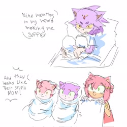 Size: 2048x2048 | Tagged: safe, artist:_bomb_chan_, amy rose, blaze the cat, 2025, amy x blaze, amybetes, baby, dialogue, english text, group, holding them, hospital bed, lesbian, magical lesbian spawn, meme, nine months in my womb, parent:amy, parent:blaze, parents:blazamy, shipping, smile, twins, yellow sclera