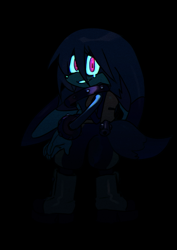 Size: 620x874 | Tagged: safe, artist:mumidraws, kit the fennec, black background, dark, glowing eyes, looking at viewer, looking back, looking back at viewer, simple background, smile, solo, standing