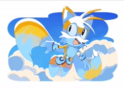 Size: 2048x1469 | Tagged: safe, artist:quiickyfoxy, miles "tails" prower, 2025, abstract background, clouds, cute, daytime, flying, looking offscreen, mouth open, outdoors, smile, solo, spinning tails