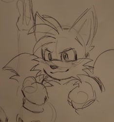 Size: 1915x2048 | Tagged: safe, artist:z0mboys_walkman, miles "tails" prower, 2025, clenched fist, clenched fists, line art, looking offscreen, monochrome, sketch, smile, smirk, solo, traditional media