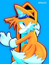 Size: 1176x1513 | Tagged: safe, artist:applezz_4, miles "tails" prower, 2025, blue background, extreme gear, goggles, looking at viewer, looking over shoulder, signature, simple background, smile, solo, sonic riders