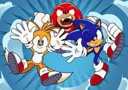 Size: 1684x1191 | Tagged: safe, artist:unleash_arts, knuckles the echidna, miles "tails" prower, sonic the hedgehog, abstract background, falling, team sonic, trio