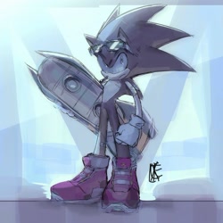 Size: 1051x1051 | Tagged: safe, artist:x_xtille, sonic the hedgehog, 2025, abstract background, extreme gear, frown, looking at viewer, signature, sonic racing crossworlds, sonic riders, standing