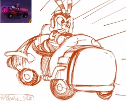 Size: 1250x1000 | Tagged: safe, artist:efraart_mix, charmy bee, 2025, car, driving, line art, looking ahead, looking offscreen, monochrome, reference inset, signature, simple background, sketch, solo, sonic racing crossworlds, tongue out, white background