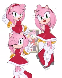 Size: 1536x1920 | Tagged: safe, artist:gaiuki3276, amy rose, 2025, amybetes, cute, looking at viewer, looking offscreen, mouth open, one fang, reference inset, signature, simple background, smile, solo, sonic racing crossworlds, standing, v sign, white background, wink