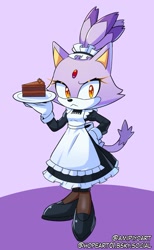 Size: 1149x1869 | Tagged: safe, artist:amipiyoart, blaze the cat, 2024, :<, cake, food, frown, hand on hip, holding something, looking at viewer, maid outfit, plate, signature, solo, standing