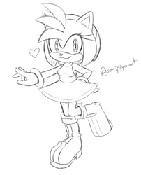 Size: 787x974 | Tagged: safe, artist:amipiyoart, amy rose, 2023, amybetes, cute, heart, line art, looking at viewer, monochrome, signature, simple background, solo, standing on one leg, white background