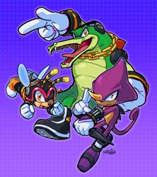 Size: 1818x2048 | Tagged: safe, artist:catrage_miau, charmy bee, espio the chameleon, vector the crocodile, 2025, abstract background, clenched fists, flying, frown, looking at viewer, mouth open, signature, smile, team chaotix, trio, wink