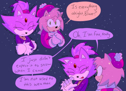 Size: 1800x1300 | Tagged: safe, artist:blueeblurb, amy rose, blaze the cat, 2025, amy x blaze, beanie, blue background, cold, dialogue, duo, english text, hat, lesbian, scarf, shipping, shivering, simple background, snow, snowing, speech bubble, winter outfit