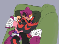 Size: 884x664 | Tagged: safe, artist:edwardnebula, espio the chameleon, shadow the hedgehog, 2025, bandage, black sclera, couch, cuddling, duo, gay, grey background, shadpio, shipping, simple background, snuggling