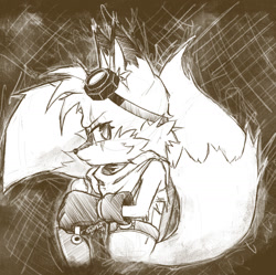 Size: 1445x1442 | Tagged: safe, artist:squorkalart, miles "tails" prower, 2025, abstract background, alternate universe, au:metal breakers, frown, goggles, holding something, looking at viewer, monochrome, scar, solo, wrench