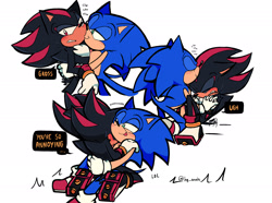 Size: 2048x1526 | Tagged: safe, artist:mercurio-shadowz, shadow the hedgehog, sonic the hedgehog, 2025, blushing, chu, dialogue, duo, english text, gay, hugging, kiss on head, sfx, shadow x sonic, shipping, signature, simple background, smile, speech bubble, white background