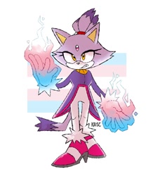 Size: 784x900 | Tagged: safe, artist:z0mb1ekidkai, blaze the cat, 2025, abstract background, clenched teeth, fire, fire hand, flame, signature, solo, standing, trans pride