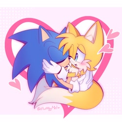 Size: 2048x2048 | Tagged: safe, artist:fluffyeviltails, artist:fluffyymel, miles "tails" prower, sonic the hedgehog, 2025, blushing, cute, duo, eyes closed, gay, heart, holding each other, hugging, kiss on cheek, looking at them, one eye closed, shipping, signature, sonabetes, sonic x tails, tailabetes, valentine's day