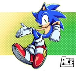 Size: 1373x1266 | Tagged: safe, artist:ace2564, sonic the hedgehog, 2025, abstract background, clenched fist, looking at viewer, signature, smile, solo