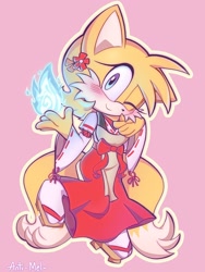 Size: 1536x2048 | Tagged: safe, artist:fluffyeviltails, miles "tails" prower, 2025, blushing, cosplay, crossover, cute, fire, flame, gender swap, japanese clothes, kimono, looking at viewer, outline, pink background, signature, simple background, smile, solo, tailabetes, the helpful fox senko-san, wink