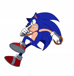 Size: 1981x2048 | Tagged: safe, artist:ktkt5572, sonic the hedgehog, 2025, finger under nose, holding something, looking up, mid-air, ring, simple background, solo, white background