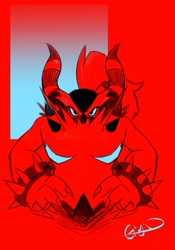 Size: 1023x1465 | Tagged: safe, artist:gigid_sonic, zavok, 2025, abstract background, hands on hips, looking at viewer, monochrome, red, solo, standing, top surgery scars, trans male, transgender