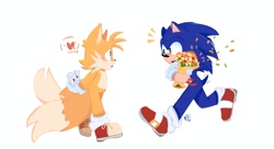 Size: 2048x1114 | Tagged: safe, artist:sunpeppermiint, miles "tails" prower, sonic the hedgehog, 2025, duo, flower, flower bouquet, gay, heart, looking at each other, mouth open, petal, running, shipping, simple background, sonic x tails, standing, valentine's day, white background