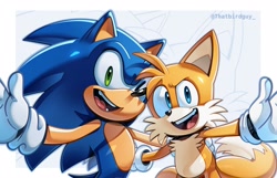 Size: 2048x1322 | Tagged: safe, artist:thatbirdguy_, miles "tails" prower, sonic the hedgehog, 2025, abstract background, arm around shoulders, duo, looking at viewer, mouth open, signature, smile, standing