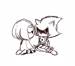 Size: 2048x1794 | Tagged: safe, artist:fluffey11, metal sonic, sage, sonic frontiers, brother and sister, cute, duo, eye clipping through hair, eyebrow clipping through hair, kneeling, line art, looking at each other, metalbetes, monochrome, robot, sagebetes, siblings, simple background, sketch, white background