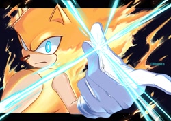 Size: 2048x1444 | Tagged: safe, artist:rhymo-s, sonic the hedgehog, super sonic 2, 2025, abstract background, finger snap, frown, looking at viewer, signature, solo, super form