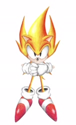 Size: 1252x2048 | Tagged: safe, artist:koopytroop, sonic the hedgehog, super sonic, 2025, hands together, looking at viewer, simple background, solo, standing, super form, white background