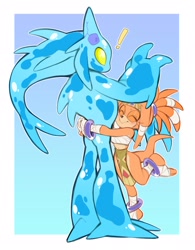 Size: 1594x2048 | Tagged: safe, artist:milkchaotea, chaos, tikal, duo, exclamation mark, hugging