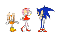 Size: 3264x1836 | Tagged: safe, artist:soniccrystalringsdx, amy rose, cream the rabbit, sonic the hedgehog, amy x sonic, hand on hip, nervous, redraw, shipping, straight, trio, unamused, waving