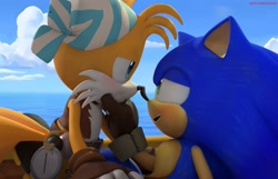 Size: 2048x1323 | Tagged: safe, artist:navarritoart, miles "tails" prower, sails, sonic the hedgehog, 2025, abstract background, blushing, clouds, daytime, duo, gay, hand on chin, lidded eyes, looking at each other, mouth open, outdoors, sails x sonic, shipping, show accurate, signature, smile, sonic x tails