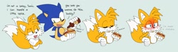 Size: 2047x606 | Tagged: safe, artist:pachirizuu, miles "tails" prower, sonic the hedgehog, 2025, age difference, arms folded, blushing, bottle, chili dog, dialogue, duo, eating, english text, flat colors, food, gay, green background, holding something, hot sauce, lidded eyes, looking at each other, looking offscreen, sauce, shipping, simple background, smile, sonic x tails, sweatdrop