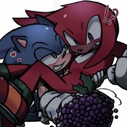 Size: 2048x2048 | Tagged: safe, artist:javiniess, knuckles the echidna, sonic the hedgehog, 2025, blushing, carrying them, duo, exclamation mark, food, gay, grapes, heart, knuxonic, looking at them, mouth open, question mark, shipping, signature, simple background, smile, surprised, white background