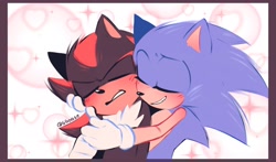 Size: 2048x1202 | Tagged: safe, artist:ggoose_sonadow, shadow the hedgehog, sonic the hedgehog, 2025, abstract background, blushing, border, clenched teeth, cute, duo, eyes closed, frown, gay, heart, holding them, shadow x sonic, shipping, signature, smile, sparkles, valentine's day