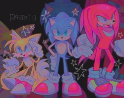 Size: 2048x1621 | Tagged: safe, artist:rennie_zz, knuckles the echidna, miles "tails" prower, sonic the hedgehog, 2025, black background, cute, knucklebetes, looking at viewer, looking offscreen, mouth open, signature, simple background, smile, sonabetes, standing, star (symbol), tailabetes, team sonic, trio