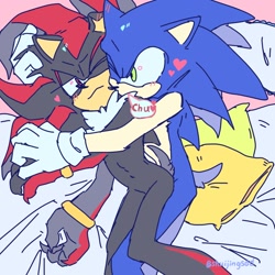 Size: 1260x1260 | Tagged: safe, artist:shuijingsdd, shadow the hedgehog, sonic the hedgehog, 2025, abstract background, bed, blushing, chu, duo, gay, heart, holding them, indoors, kiss on shoulder, looking at each other, lying down, lying on side, one eye closed, pillow, sfx, shadow x sonic, shipping, spooning