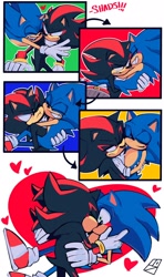 Size: 1212x2048 | Tagged: safe, artist:double_0_snake, shadow the hedgehog, sonic the hedgehog, 2025, blushing, carrying them, comic, duo, eyes closed, frown, gay, heart, holding each other, holding them, hugging, kiss, lidded eyes, looking at them, one eye closed, outline, panels, shadow x sonic, shipping, signature, smile, standing, valentine's day