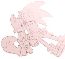 Size: 1683x1529 | Tagged: safe, artist:s2_lina_, miles "tails" prower, sonic the hedgehog, 2025, cute, duo, eyes closed, floppy ear, gay, looking offscreen, monochrome, mouth open, shipping, simple background, sitting, sleeping, smile, sonic x tails, white background