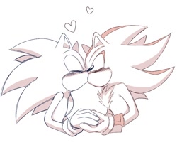 Size: 790x644 | Tagged: safe, artist:twixei0, shadow the hedgehog, sonic the hedgehog, blushing, duo, eyes closed, gay, heart, holding hands, kiss, monochrome, shadow x sonic, shipping, simple background, valentine's day, white background