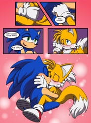 Size: 1514x2048 | Tagged: safe, artist:hyrulepirate, miles "tails" prower, sonic the hedgehog, 2025, abstract background, blushing, blushing ears, comic, cute, dialogue, duo, english text, eyes closed, gay, holding each other, hugging, kiss, lidded eyes, one eye closed, panels, shipping, sitting, sonic x tails, speech bubble, valentine's day