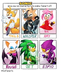 Size: 1423x1700 | Tagged: safe, artist:adoniism_, amy rose, espio the chameleon, jet the hawk, miles "tails" prower, rouge the bat, whisper the wolf, 2025, character name, clenched fist, eyes closed, frown, group, holding something, looking at viewer, looking offscreen, meme, six fanarts, smile, standing, v sign