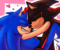 Size: 2048x1699 | Tagged: safe, artist:blahblahblash, shadow the hedgehog, sonic the hedgehog, 2025, blushing, cute, duo, eyes closed, gay, heart, hugging, outline, shadow x sonic, shadowbetes, shipping, smile, sonabetes, valentine's day