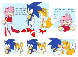 Size: 1900x1387 | Tagged: safe, artist:pachirizuu, miles "tails" prower, sonic the hedgehog, 2025, abstract background, angry, blushing, dialogue, english text, flat colors, french kiss, frizzed, frown, gay, holding them, kiss, kissing in front of crush, pointing, question mark, shipping, shipping denied, sonic x tails, standing, surprised, trio