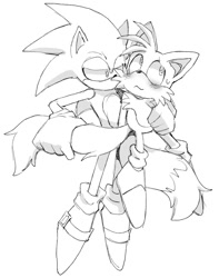 Size: 930x1180 | Tagged: safe, artist:pachirizuu, miles "tails" prower, sonic the hedgehog, 2025, age difference, duo, gay, holding tail, holding them, lidded eyes, line art, looking at them, looking away, monochrome, proship, shipping, simple background, smile, sonic x tails, standing, sweatdrop, underage, white background