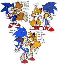 Size: 1388x1530 | Tagged: safe, artist:pachirizuu, miles "tails" prower, sonic the hedgehog, adventures of sonic the hedgehog, 2025, age difference, carrying them, dialogue, duo, english text, eyes closed, flat colors, gay, hand under chin, headcanon, holding hands, looking at each other, modern sonic, modern tails, proship, shipping, simple background, sonic boom (tv), sonic x tails, standing, underage, white background