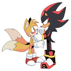 Size: 1062x1064 | Tagged: safe, artist:pachirizuu, miles "tails" prower, shadow the hedgehog, 2024, age difference, blushing, duo, flat colors, frown, gay, looking at each other, mouth open, shadow x tails, shipping, simple background, standing, underage, white background