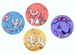 Size: 1024x732 | Tagged: safe, artist:41waysu, knuckles the echidna, metal sonic, miles "tails" prower, sonic the hedgehog, 2025, arms behind head, black sclera, clenched teeth, cute, frown, group, knucklebetes, looking at viewer, looking offscreen, metalbetes, robot, simple background, smile, sonabetes, sweatdrop, tailabetes, white background