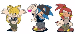 Size: 2048x941 | Tagged: safe, artist:te____zz, knuckles the echidna, miles "tails" prower, sonic the hedgehog, 2023, alternate outfit, beanie, classic knuckles, classic sonic, classic tails, clothes, frown, hat, headphones, headphones around neck, holding something, hoodie, jeans, lidded eyes, looking at viewer, looking back, looking offscreen, necklace, overalls, pants, shirt, simple background, smile, spray can, team sonic, trio, white background